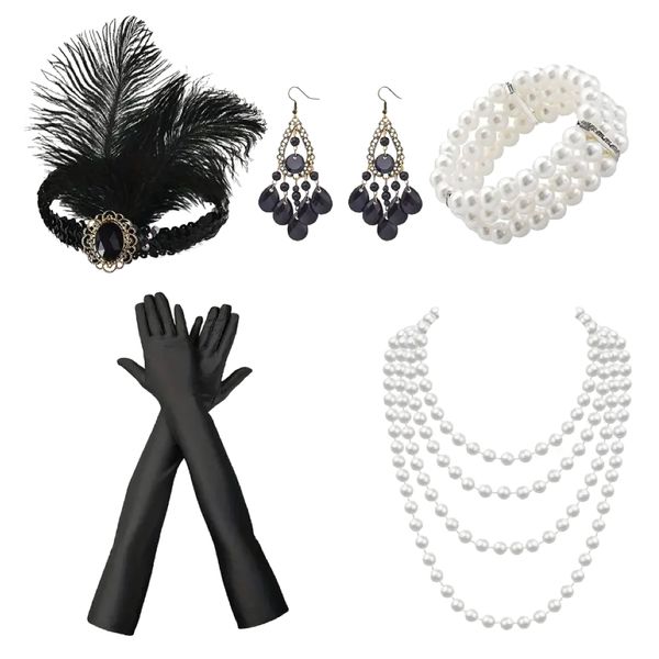 Toy Cosplay 1920s Black Feather Headband, Gloves &amp; Jewellery Costume 7 Piece