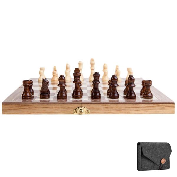 Small 3 In 1 Wooden Chess With Portable Folding Interior Storage &amp; Pouch