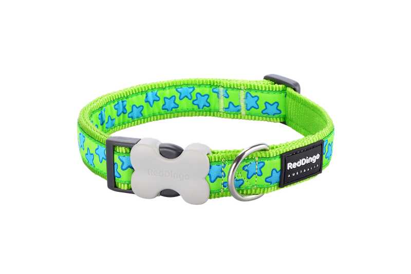 Red Dingo Design Collar - Stars Turquoise on Lime Green - Green XS