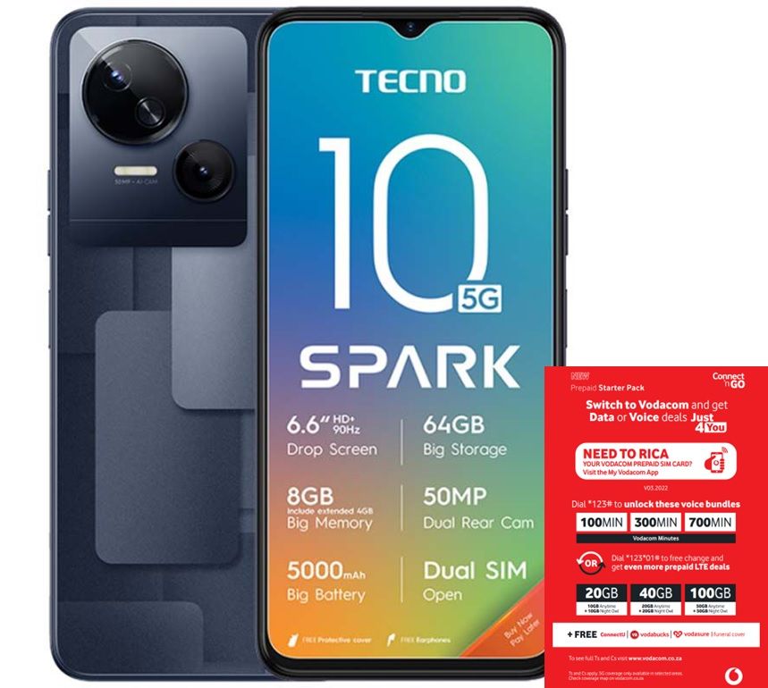 TECNO Spark 10 5G 64B Dual Sim - Meta Black + Vodacom SIM Card Pack
