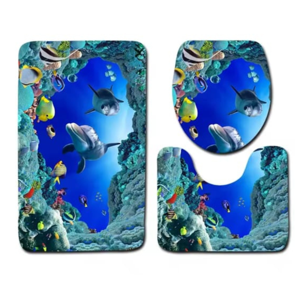 3D Dolphin Bathroom Mat Set - Non-Slip Fleece 3-Piece