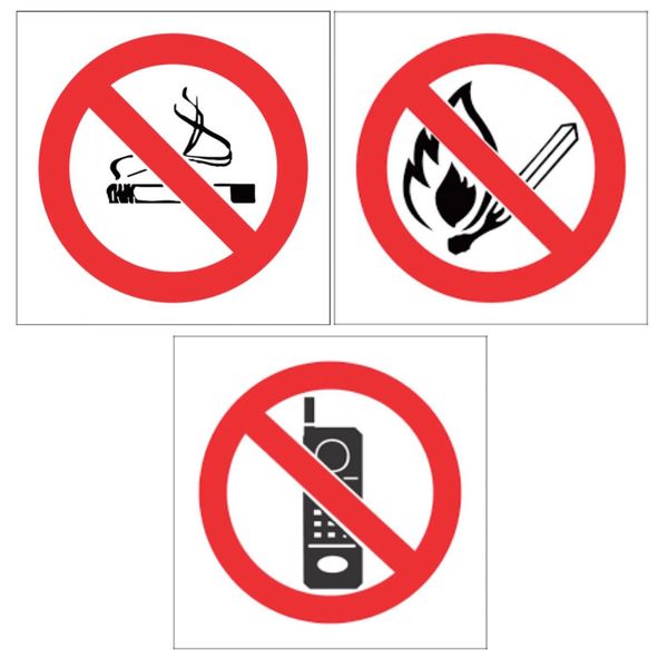 Safety Signs - 3Pc - No Smoking, No Open Flame, No Cell Phone - 29cm x 29cm