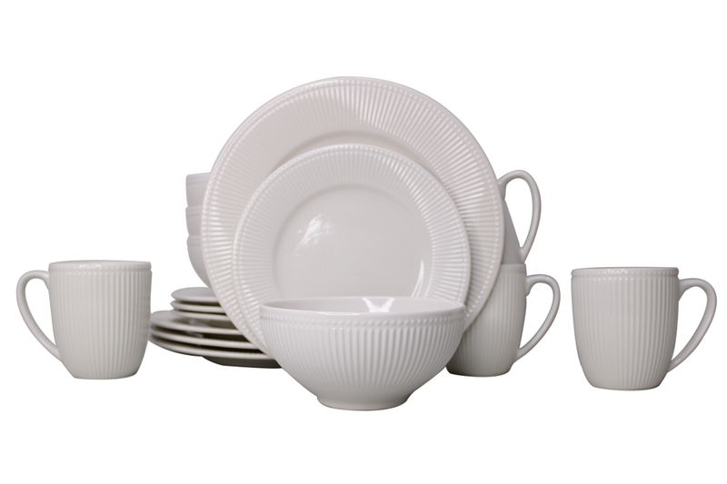 16 Piece Ivory White Embossed Ceramic Dinnerware Set - Design 09 - PC03