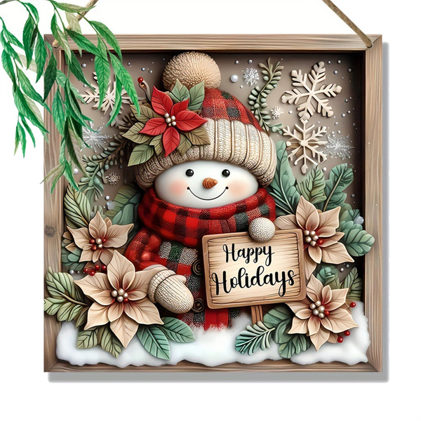 2D Flat Wood Carving Snowmans Scene Wooden Hemps Rope Pendant