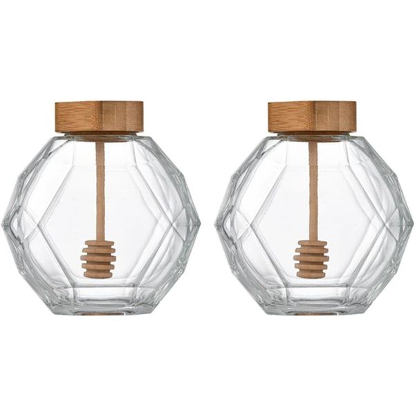 Glass Honey Jar 380ml with Wooden Lid and Hexagonal Stirring Stick
