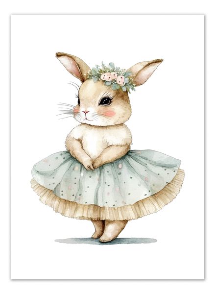Kids Wall Art - Watercolour Ballerina Bunny - A3 Unframed