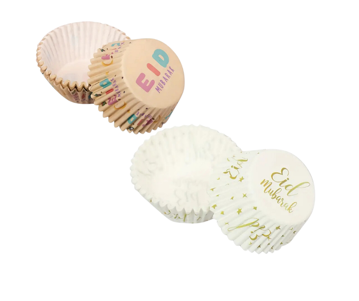 100 Eid Mubarak Cupcake Case Wrapper Holder White &amp; Gold, Kids Design Bake