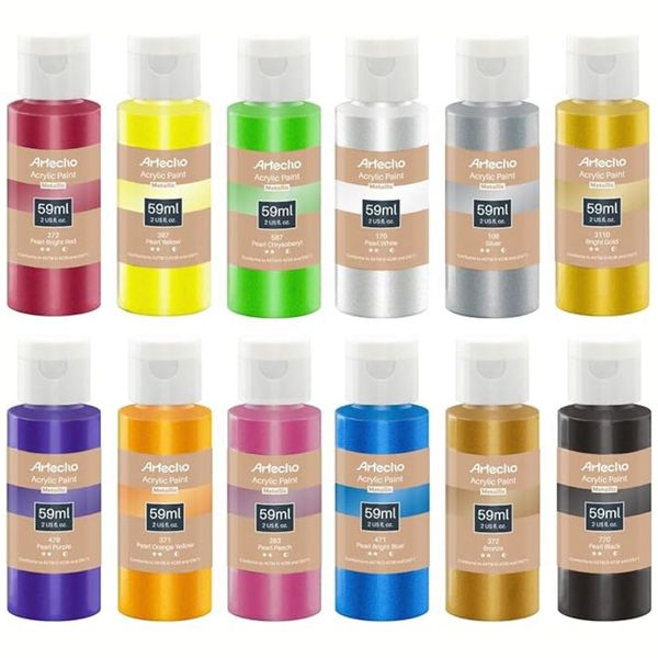 Artecho Metallic Acrylic Paint Set - 12 Colours, 59ml Acrylic Paints