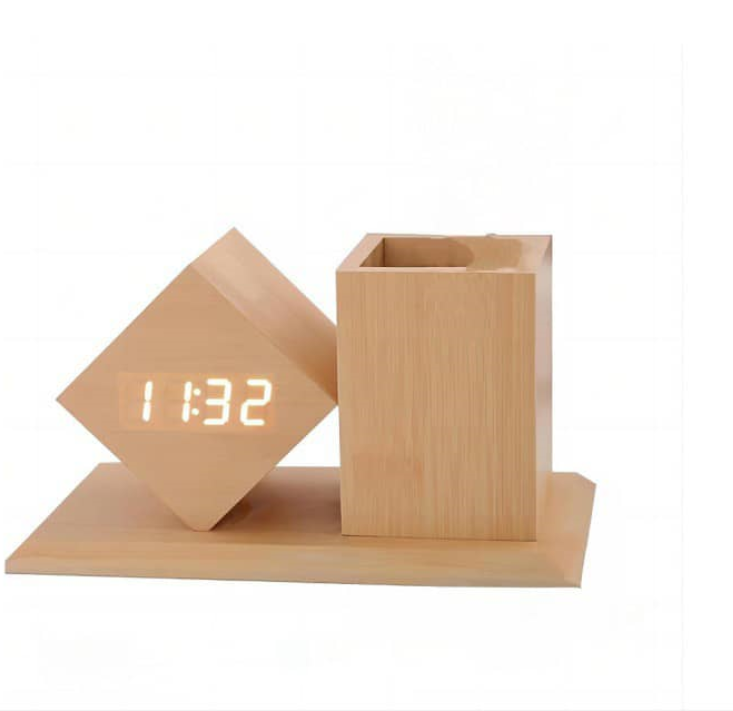 Elegant Wooden Digital Clock with Pen Holder -Desk Organizer