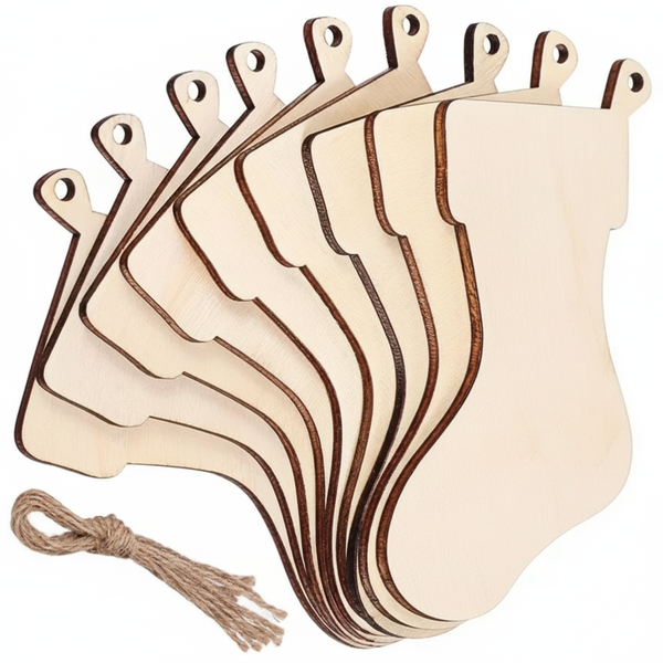 10 Piece - Wooden Christmas Stocking Decorations Craft Shapes - Brown