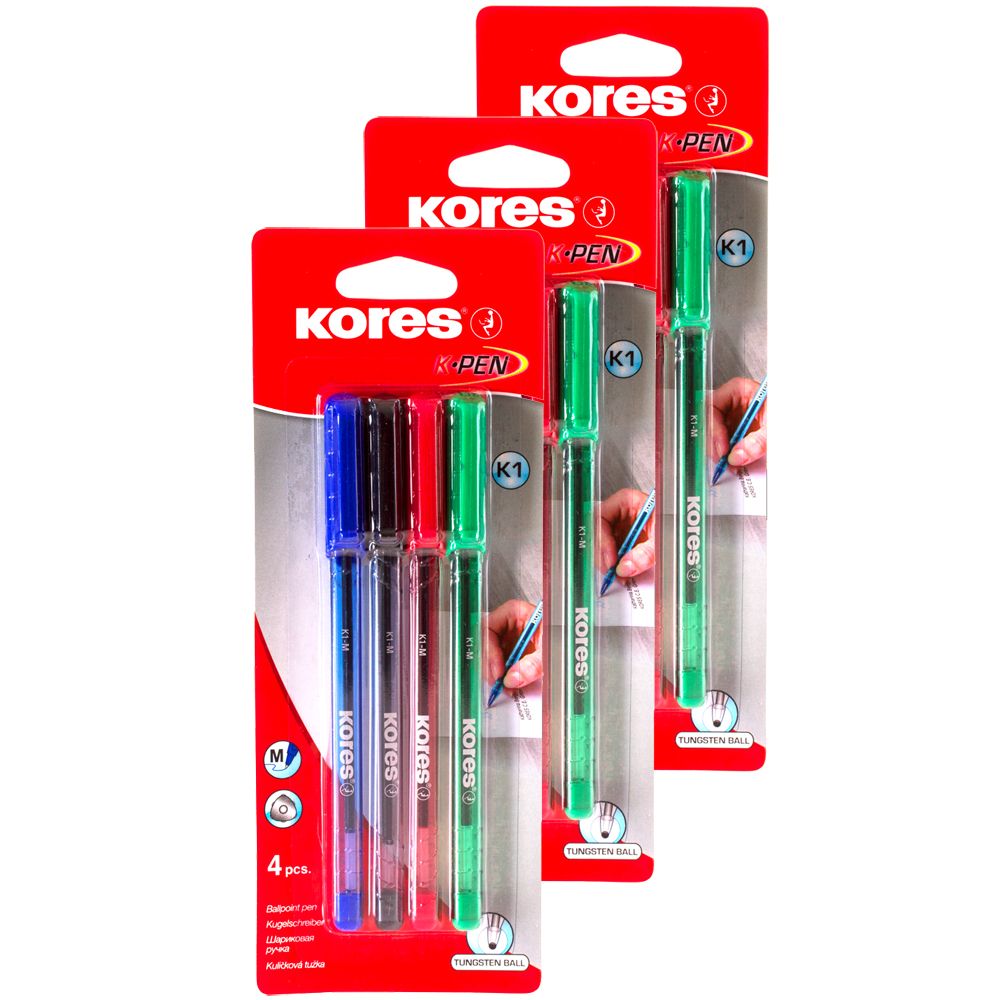 Kores K1 Triangular Ballpoint pens 4 Pack in Blister Assorted - 2+1 Kit ...