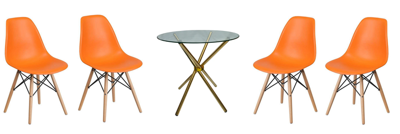 5 Piece 80cm Gold Leg Glass Table and Wooden Leg Chairs