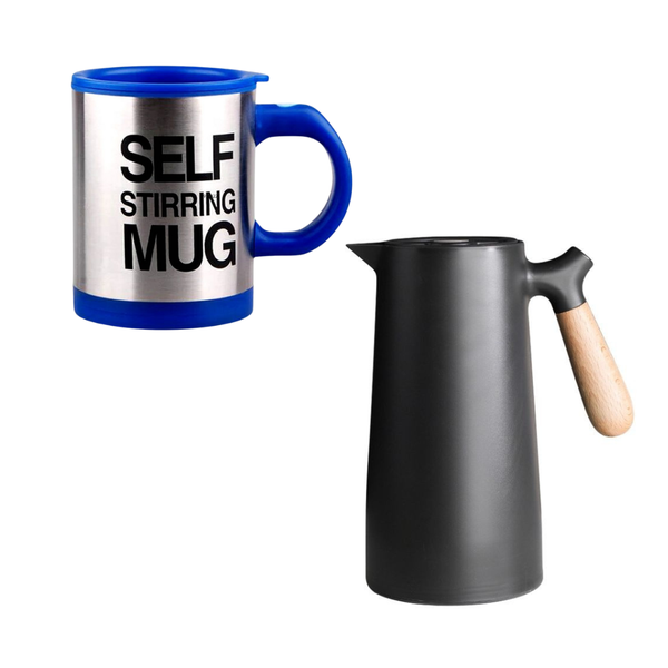 Vacuum Thermal Coffee Pot Jug 1Litre + Self Stirring Traveling Mug