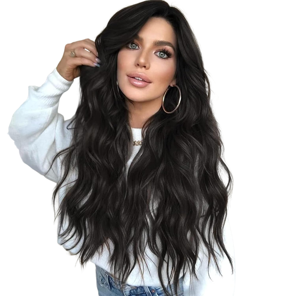 Long Wavy Wig with Lace Hairline for Everyday Parties, Black