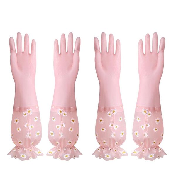 2 Pack Long Sleeve Daisy Pattern Dishwashing Gloves