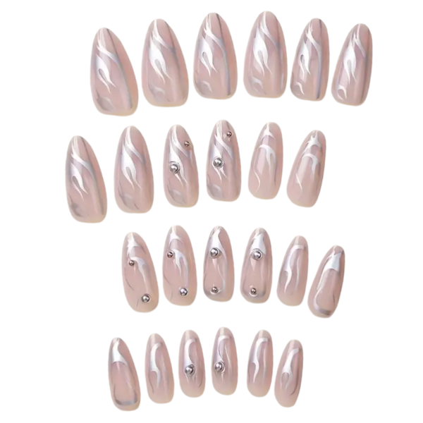 24pcs Almond Press-On Nails With Swirls And Ball Accents - Silver/Nude