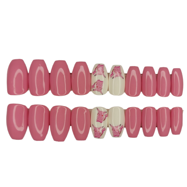 Luxury Press On Nails - Short Coffin Pink Pikachu Set - 20 Piece
