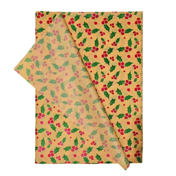 Holly Berry Christmas Tissue Paper 50x70cm - 25 Sheets (17gsm Festive)