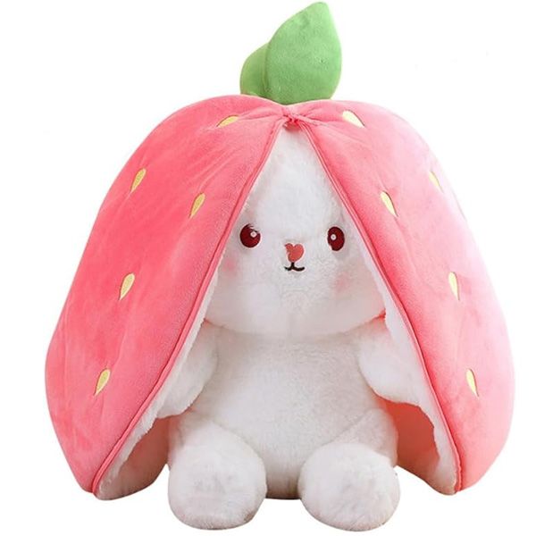 Reversible Plush Bunny Zipped Into A Strawberry Pillow
