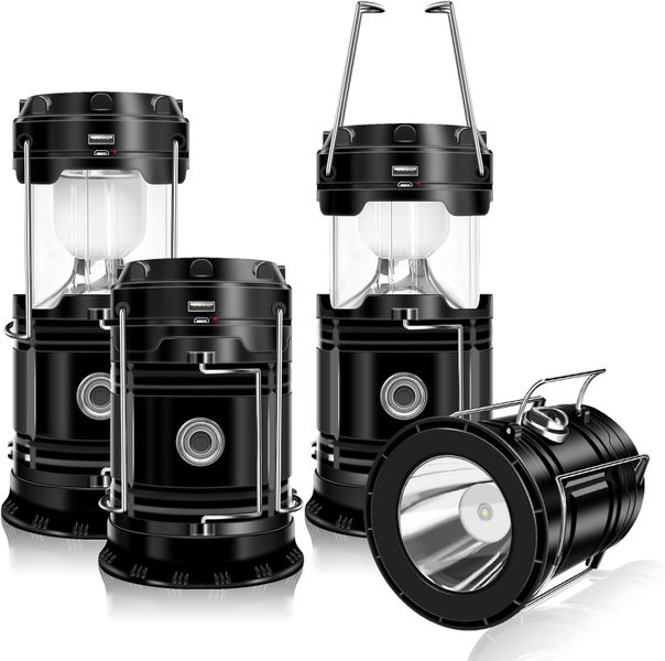 4-Pack Solar Camping Lantern, Collapsible LED Solar USB Rechargeable