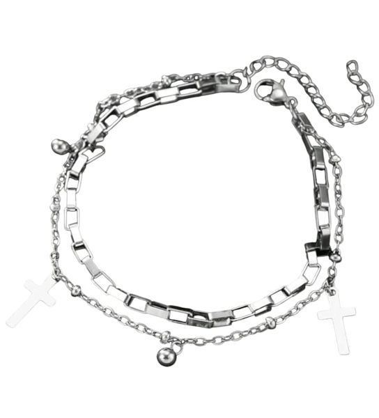 Men's Stainless Steel Cross Pendant Double-Layer Chain Bracelet.