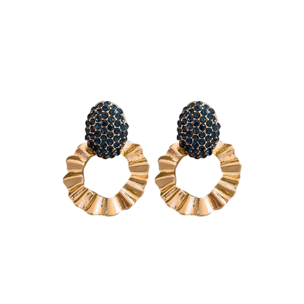 Navy Crystal &amp; Gold-Tone Ruffled Hoop Drop Earrings