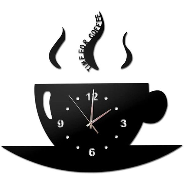 Modern 3D DIY Coffee Time Acrylic Wall Clock Decorative - Black