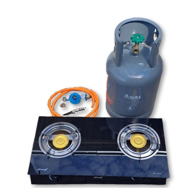 Black 2 Plate Glass Top Gas Stove with Fittings &amp; Gas Cylinder 9kg &amp; Knife