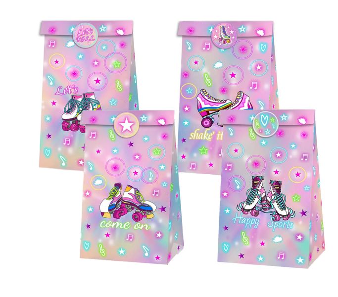 Party Favor Bags with Stickers - Retro Rollerblades Disco Theme - 12 Bags