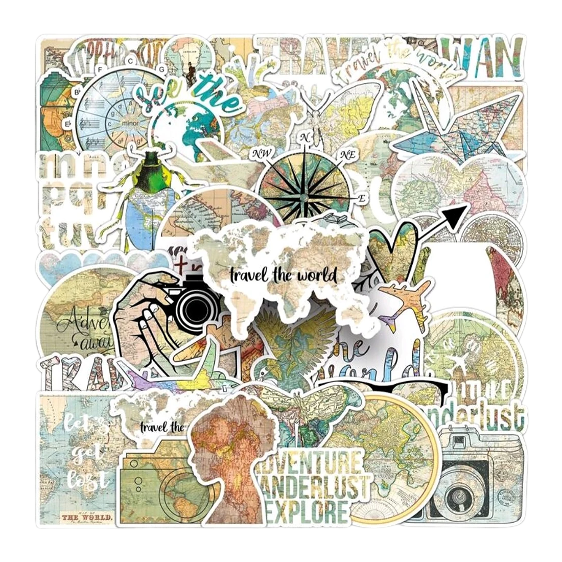 50Pcs World Map Style Artistic Travel Luggage Stickers Variety Pack