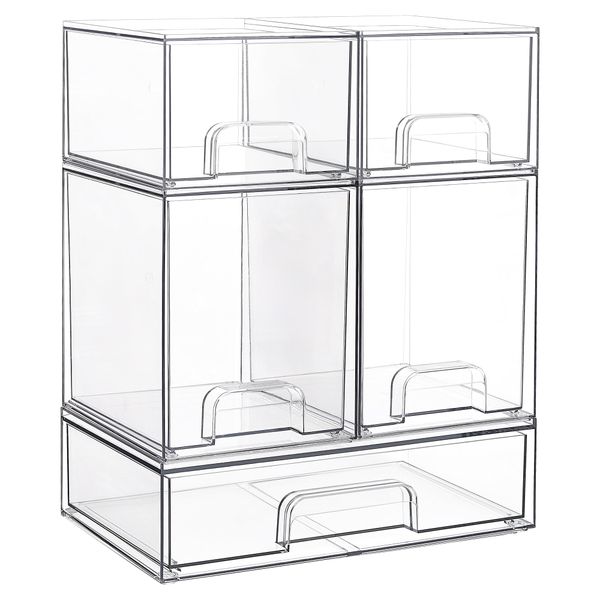 5 Pack Clear Storage Drawer Bins Stackable Organizers,Desktop Makeup Box