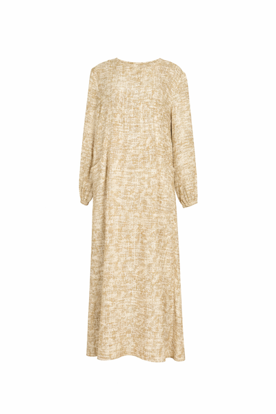 Neutral Textured Long-Sleeve Cotton Maxi Dress with Pockets