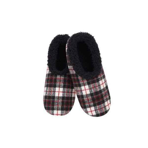 Snoozies! Mens Flannel Plaid Black Red Fleece Slippers