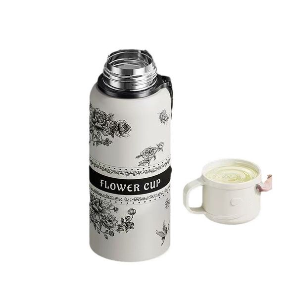 Insulated Flower Cup Thermos Flask - White &amp; Black Floral Pattern - 1 Piece