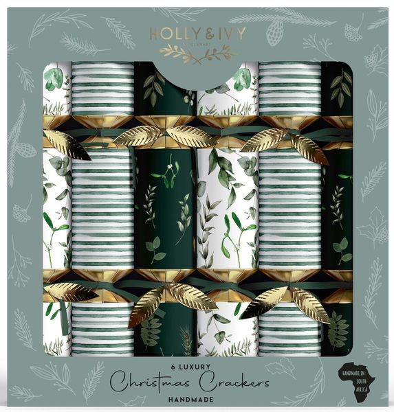 Holly &amp; Ivy Christmas Crackers - Luxury Green Stripes &amp; Sprigs