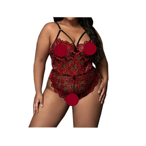 Plus Floral Lace Scallop Trim Teddy Bodysuit With Underwire - Red