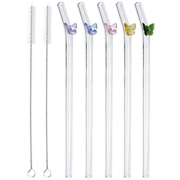 5 Pcs Reusable Glass Straws Colorful Butterfly On Clear Straws
