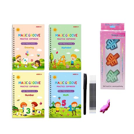 5 PC Grooved Handwriting Practice for Kids,Repeatedly Magic Calligraphy Book Set,Groovd Kids Writing Books with Pens & Aid Pen Grips (5 Books+Pens)