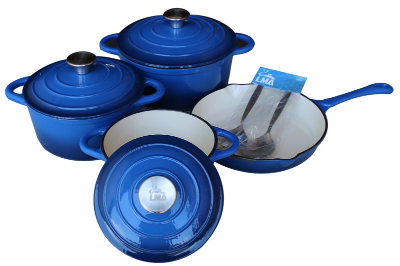 LMA Branded 7 Piece Cast Iron Cookware Set &amp; Two Piece Utensil Set - Black
