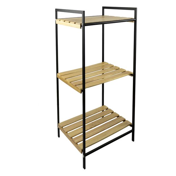 Multi Purpose Storage Rack 3 Bamboo Shelves on Black Metal Frame, 415x330mm
