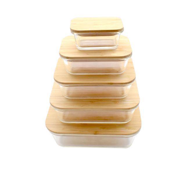 Taroma Glass Food Storage Containers with Lids (Bamboo) – 5 Piece Value Set