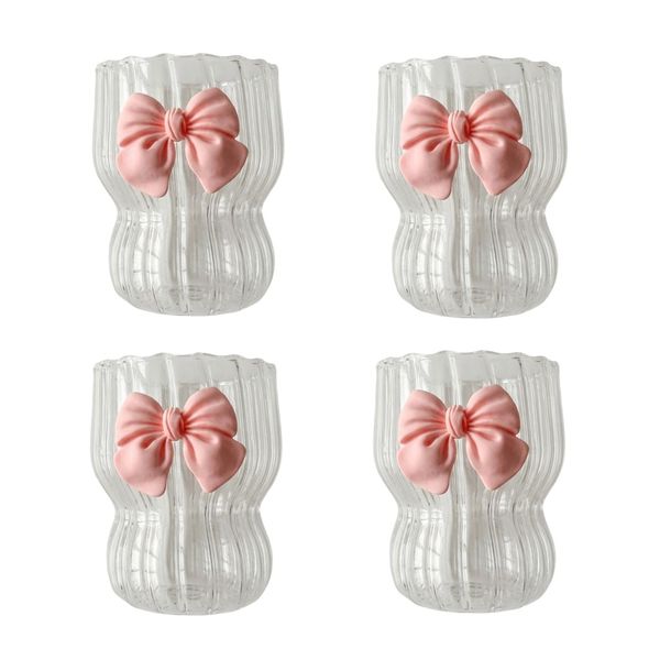 4 Pack - Ribbed Heat Resistant Cup With Pink Bow - Transparent