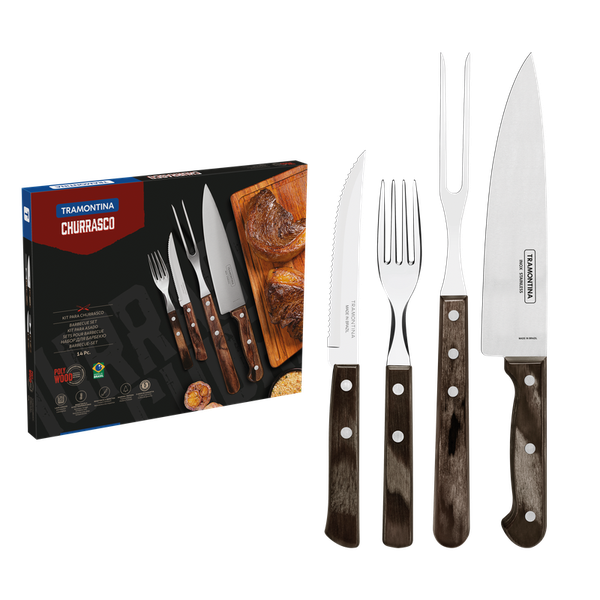 Tramontina 14 Pieces Stainless Steel Barbecue Set with Polywood Handle