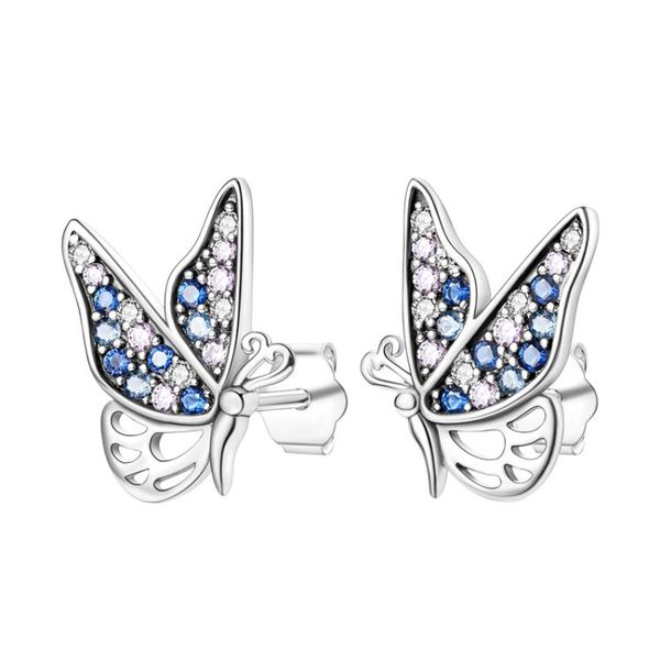 925 Sterling Silver Butterfly Stud Earrings with Shiny Zircons
