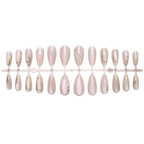 Chrome Almond Press-On Nails - Nude with Gold Swirl Design