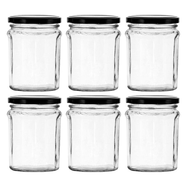Regent 380ml Glass Faceted Jar With Black Lid 6 Pack (115X85Mm Dia)