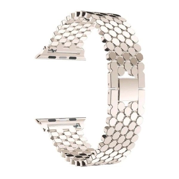 Octagonal Design Metal Compatible Apple Watch Strap With Adjustable Links - White Gold
