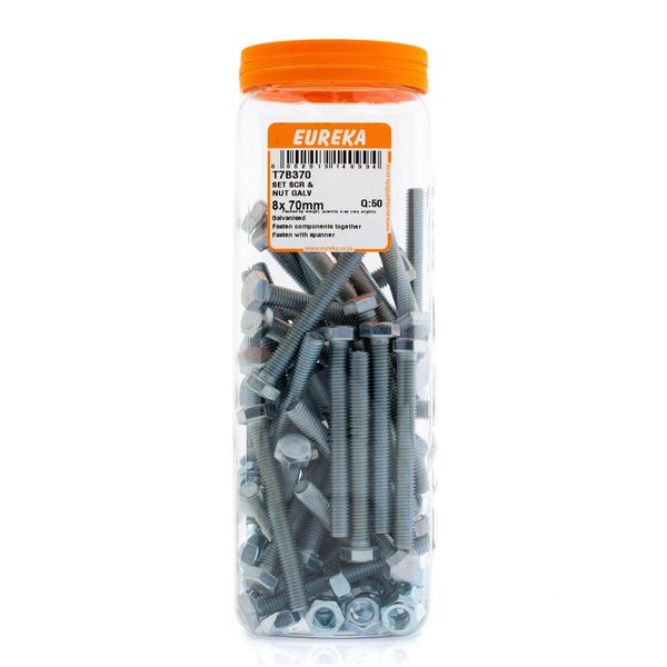 EUREKA Set Screw &amp; Nut Galvanised 8 x 70mm Q:50 T7B370