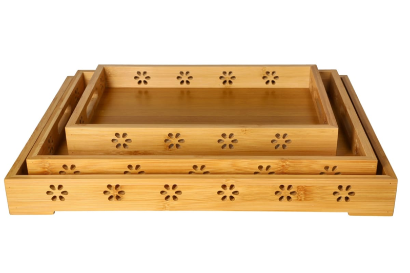 Rectangle Bmboo Plum Blossom Tray With 2 Handles Set 3pcs