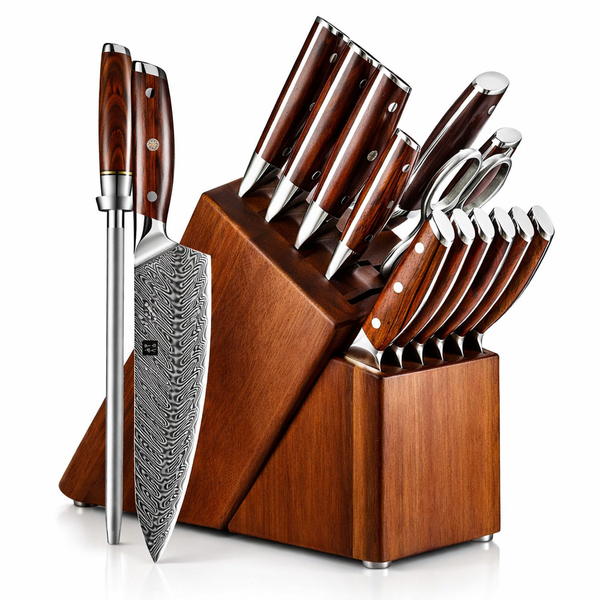 Premium Damascus Steel Kitchen Knife Set with Wooden Block Stand - 15 Piece